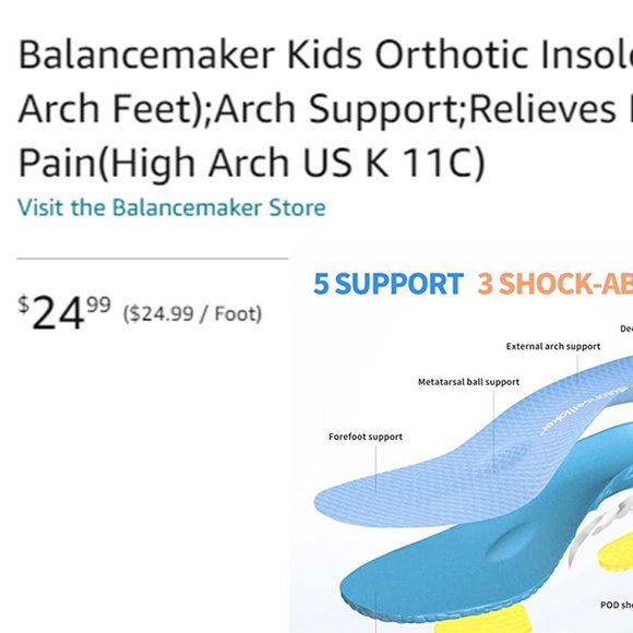 BALANCEMAKER Kids Orthotic Insole (High Arch Feet) Arch Support - US K 12C -NEW - Picture 8 of 8